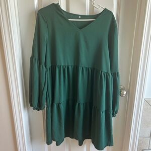 Green V-Neck Tiered Babydoll Dress